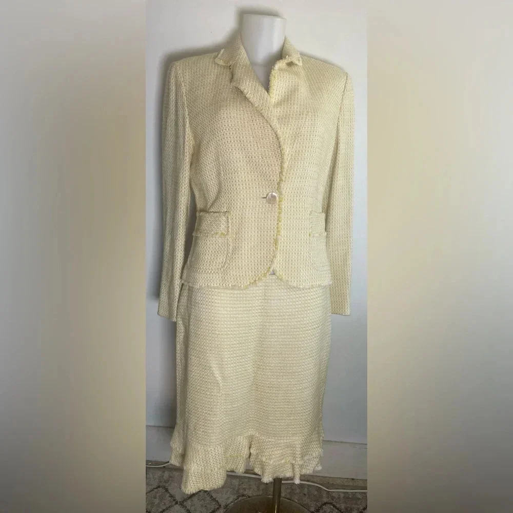 Vintage‎ Yellow Ann Taylor Tweed Blazer High Waist Skirt Suit Size 12 Petite